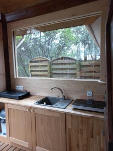 eine Küche mit einem Waschbecken und einem Fenster in der Unterkunft CHALET B NATURISTE NAEVA in Le Porge