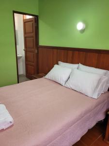a bed with white pillows and a green wall at Hotel Restaurante Minas Cocha in Chavín de Huantar