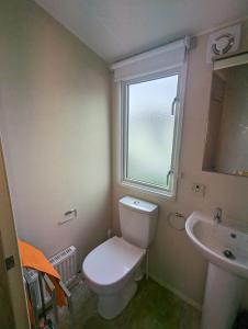a bathroom with a toilet and a sink and a window at Hidden Gem Wilksworth Caravan Park Rural and Peaceful Setting in Wimborne Minster