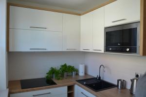グダニスクにあるApartament na Starówce Grobla Iの白いキャビネット、シンク、電子レンジ付きのキッチンが備わります。