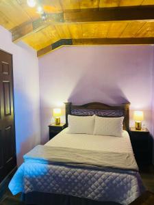 1 dormitorio con 1 cama grande y 2 lámparas en las mesas en Hotel Quinta Vista Verde, en Antigua Guatemala
