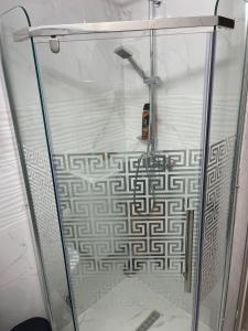 een douche met een glazen deur met een patroon erop bij Tomi Apartment in Boekarest