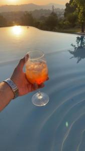 a person holding a glass of orange liquid next to a pool at Hotel Quinta da Tulha in Guimarães