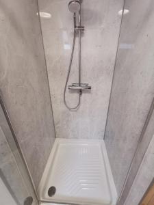 La salle de bains est pourvue d'une douche avec un pommeau de douche. dans l'établissement Appartement à Valognes : Entre Terre et Mer, à Valognes