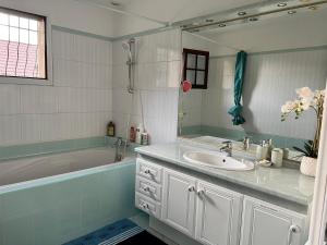 uma casa de banho com uma banheira, um lavatório e um espelho. em Maison chaleureuse dans un écrin de verdure 