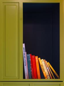 a shelf of books on a green cabinet at Hôtel Crayon Rouge in Paris