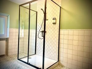 a shower with a glass door in a bathroom at Fata Morgana in Cochem