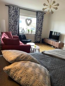 salon z 2 łóżkami, kanapą i oknem w obiekcie Mysig lägenhet, nära det mesta! w mieście Uddevalla