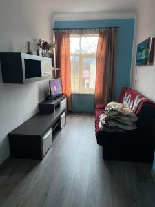 sala de estar con sofá y escritorio con ordenador portátil en Dzērves apartamenti, en Nastrova
