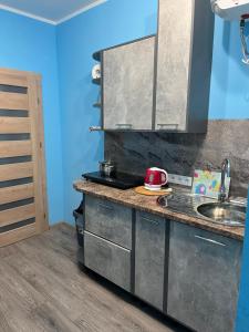 a kitchen with a sink and a counter top at Dzērves apartamenti in Nastrova