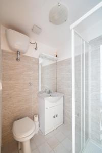 W łazience znajduje się toaleta, umywalka i prysznic. w obiekcie Casa Vacanze “Rocca dei sogni” w mieście Aquasanta