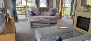 a living room with a couch and a fireplace at Bluebell Luxury 2 Bedroom Lodge at Southview Holiday Park in Skegness