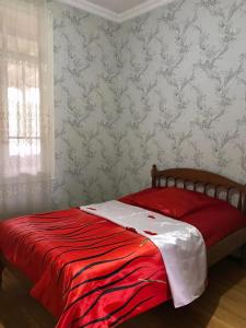 1 dormitorio con cama roja y manta roja en Guesthouse _ DAVITI en Khoni