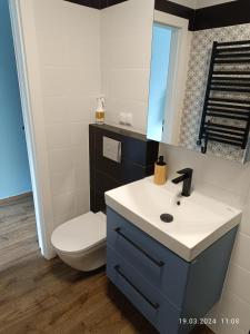a bathroom with a sink and a toilet at Apartament Magnolia in Warsaw
