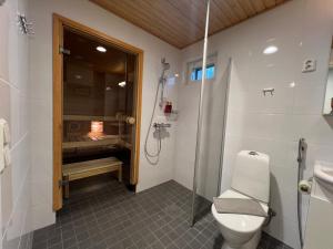 une salle de bain avec toilettes, douche et lavabo dans l'établissement Saunallinen keskustayksiö ja ilmainen yksityinen parkkipaikka, à Turku