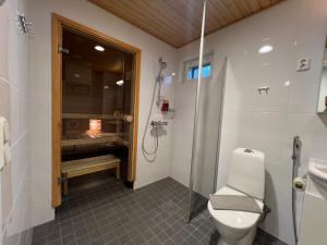 a bathroom with a toilet and a shower and a sink at Saunallinen keskustayksiö ja ilmainen yksityinen parkkipaikka in Turku