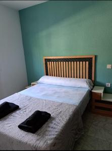1 Schlafzimmer mit 2 Betten und einer grünen Wand in der Unterkunft Villa silvestre in Toledo