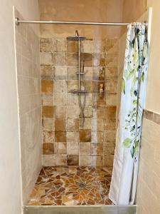 y baño con ducha y cortina de ducha. en Villa Sibilla, en Barga