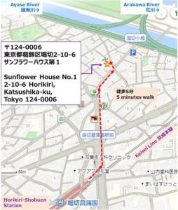 a map with a red line at Sunflower 1 in Tokyo