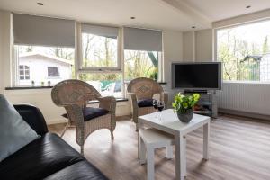 ein Wohnzimmer mit einem Sofa, Stühlen und einem TV in der Unterkunft Tulip Marina in Nieuwe-Niedorp