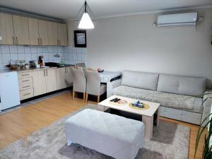 a living room with a couch and a table and a kitchen at Guesthouse Jelena in Višegrad