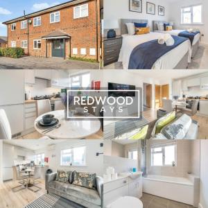 a collage of photos of a bedroom and a living room at BRAND NEW Serviced Apartments For Contractors & Families With FREE Parking, WiFi & Netflix By REDWOOD STAYS in Basingstoke