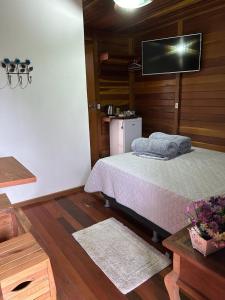 a bedroom with a bed with a tv on the wall at Chalé Ipê Branco in Pedra Azul
