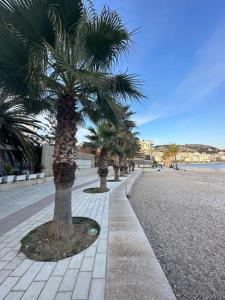 una fila di palme sul lato di una strada di Comfort 1 Apartment a Sarandë