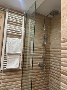 ducha con cabina de ducha acristalada y toallas en Luxury Varkiza Apartment, en Varkiza