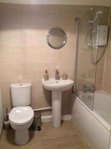 a bathroom with a toilet and a sink and a shower at Courtyard Cottage - Grade II listed - Barnstaple in Barnstaple