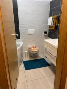 uma casa de banho com um WC e um tapete azul em V&V Medulin pool and sea em Medulin