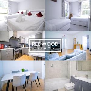 un collage de fotos de un dormitorio y una cocina en Spacious Serviced Apartment for Contractors and Families, FREE WiFi & Netflix by REDWOOD STAYS, en Farnborough