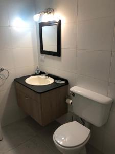 a bathroom with a toilet and a sink and a mirror at Mamama’s House in Puerto Madryn +9 photos