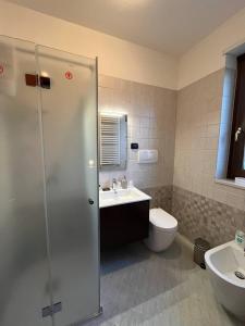 y baño con ducha, lavabo y aseo. en B&B PIAZZA KOLBE en Acquaviva delle Fonti