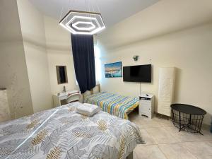 a bedroom with a bed and a flat screen tv at Master Bed Room Shared Apartment Flat 1301 in Abu Dhabi