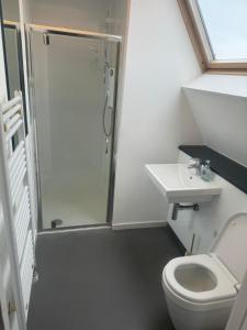 a bathroom with a shower and a toilet and a sink at Stay Inn East West in Aberdeen