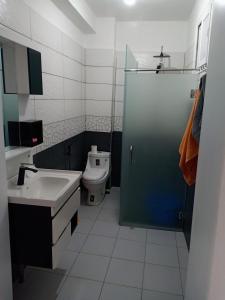ein Bad mit einem WC, einem Waschbecken und einer Dusche in der Unterkunft JolieVue in Bejaïa