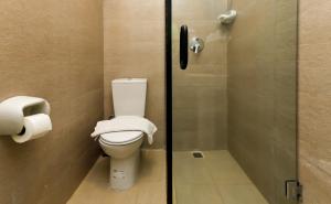 łazienka z toaletą i szklanymi drzwiami w obiekcie Giza Pyramids View Inn w Kairze