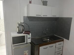 a small kitchen with a microwave and a sink at Apart Pelusa in Fray Bentos