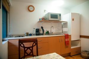 a small kitchen with a sink and a microwave at Chalet del Carmen, Coyoacán in Mexico City