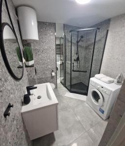 a bathroom with a shower and a washing machine at ewja 4 in Sulęcin