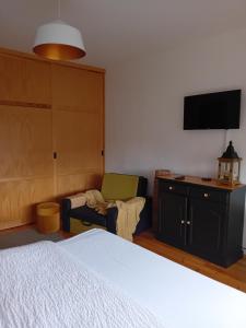 1 dormitorio con 1 cama, TV y silla en Daugavas apartamenti en Ogre
