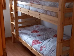 プラローニャン・ラ・ヴァノワーズにあるAppartement Pralognan-la-Vanoise, 3 pièces, 6 personnes - FR-1-464-26の二段ベッド、木製の二段ベッドが備わるドミトリールームのベッド1台分です。