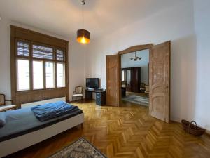 a bedroom with a bed and a mirror at Ultra-central apartment in the Loffler Palace in Timişoara