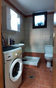 a bathroom with a washing machine and a toilet at Vaikouzis Houses in Samothráki