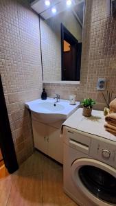 een badkamer met een wastafel en een wasmachine bij LERA Apartment in Zagreb