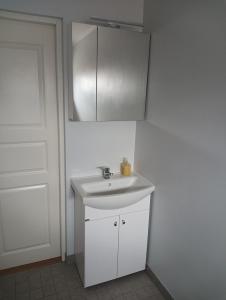 a bathroom with a white sink and a mirror at CozyStay in Otepää