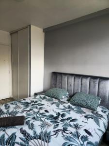 Charming Comfy Apartment in Amiens في أميان: سرير لحاف ازرق وبيض ووسادتين