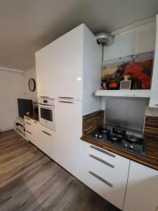 cocina blanca con fogones y microondas en Charming Comfy Apartment in Amiens, en Amiens