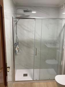 um chuveiro com uma porta de vidro na casa de banho em Apartamento con ascensor, dos habitaciones em La Coruña